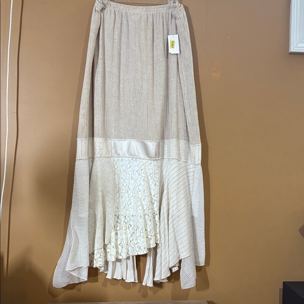 Cream Satin, Lace, Taupe Linen Women's Patchwork Asymmetrical 3/4 Hem Skirt XL - Picture 3 of 3